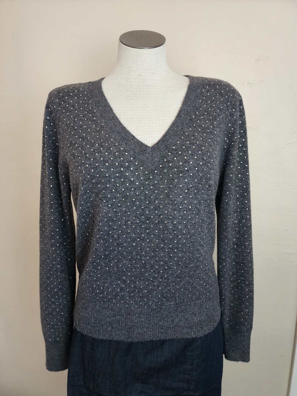 White House Black Market Charcoal Gray V-Neck Sweater with Metallic Studs Size S